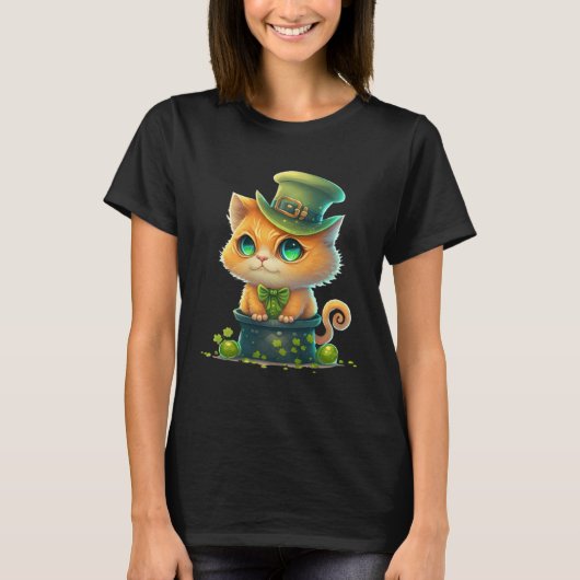 T-shirt Cat Shamrock St Patrick s Day Leprechaun Hat Cute (Devant)