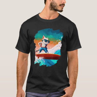 T-shirt Cat Surfing Surfer Riding Wave Ocean Artistic Cool