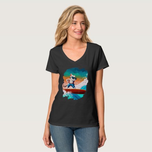 T-shirt Cat Surfing Surfer Riding Wave Ocean Artistic Cool (Devant entier)