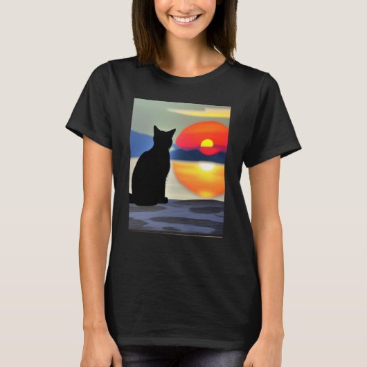 T-shirt Cat Watching Sunset scene Black Cat Sunset (Devant)