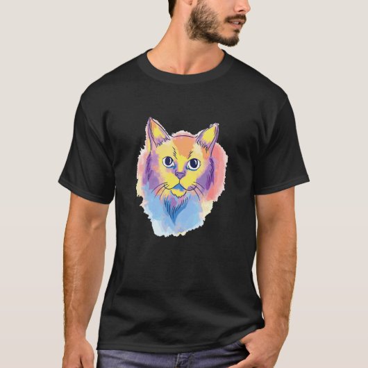 T-shirt Cat Watercolor Portrait Colorful Graphic (Devant)