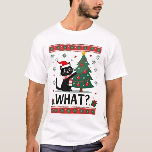 T-shirt Cat What Funny Black Cat Pushing Christmas Tree Ug (Devant)