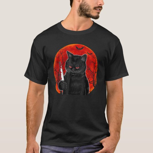 T-shirt Cat What  Murderous Black Cat With Knife Halloween (Devant)