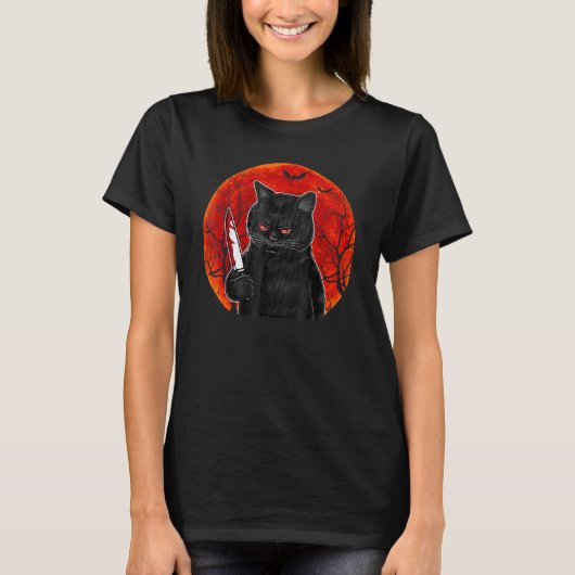 T-shirt Cat What Murderous Black Cat With Knife Halloween (Devant)