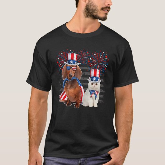 T-shirt Cat With Dachshund Sunglasses American Flag 4th Of (Devant)