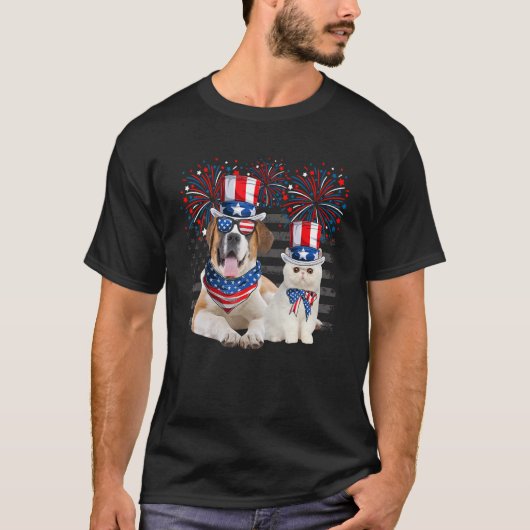 T-shirt Cat With St Bernard Sunglasses American Flag 4th O (Devant)