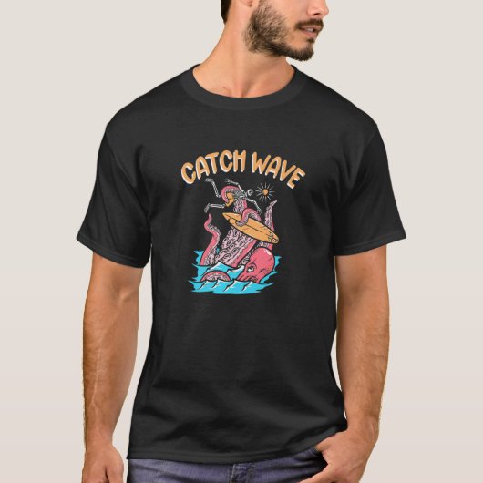 T-shirt Catch Wave Surfer Octopus Skeleton Surfboard Surfi (Devant)