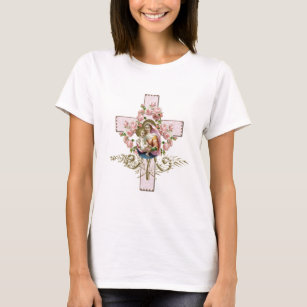 T-shirt Catholique Jésus Marie Croix Fleurs Religieuses