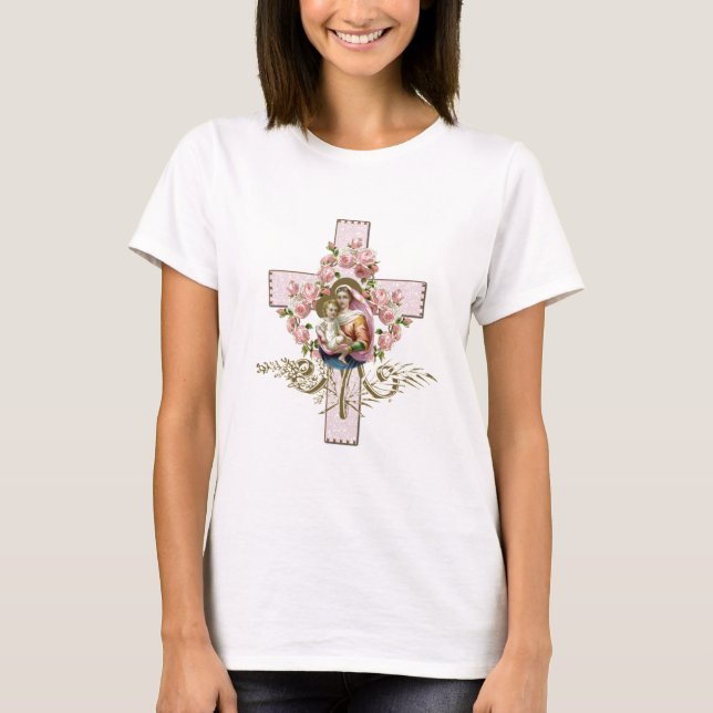 T-shirt Catholique Jésus Marie Croix Fleurs Religieuses (Devant)