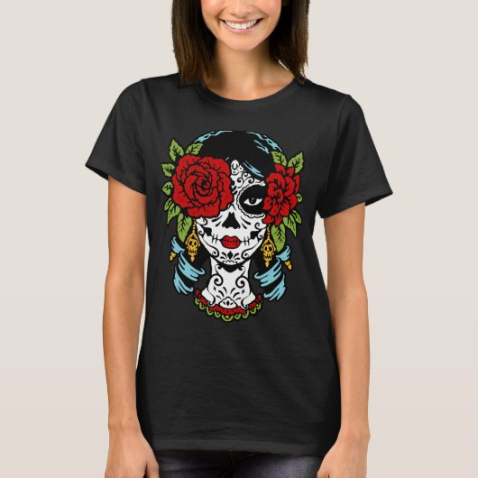 T-shirt Catrina Rose sucre crâne Calavera Mexique Skeleton (Devant)