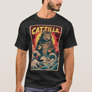 T-shirt Catzilla Art Japonais Chat Drôle Graphique Vintage