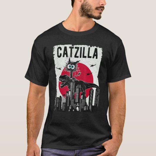 T-shirt Catzilla Funny Retro Cat Kitten Riding T.Rex Lover (Devant)