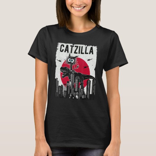 T-shirt Catzilla Funny Retro Cat Kitten Riding T.Rex Lover (Devant)
