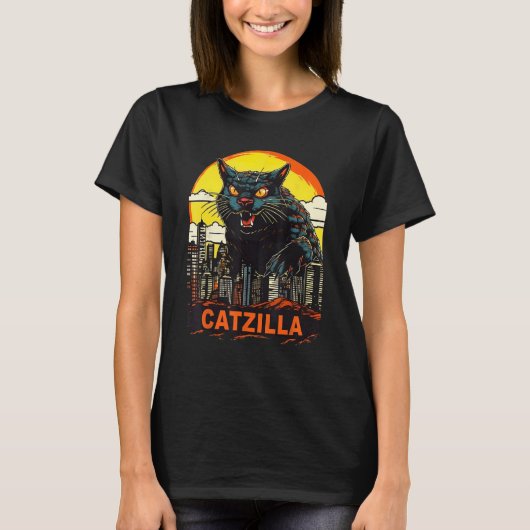 T-shirt Catzilla Géant Kitty Chat Dans Une Catzilla De Vil (Devant)