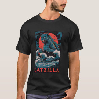 T-shirt Catzilla Monstre Chat Rétro Grande Vague Japonaise