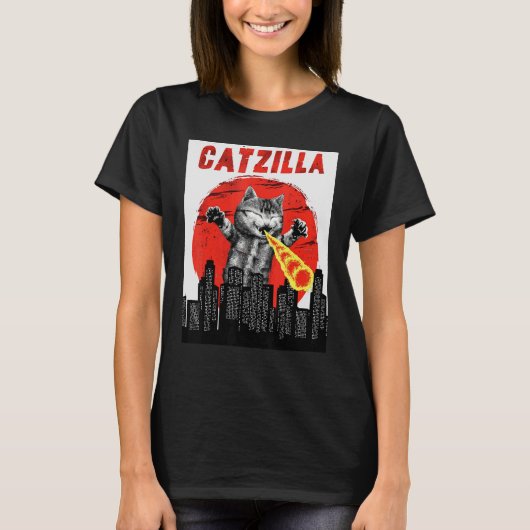 T-shirt Catzilla Vintage Cute Chat Sunset Catzilla (Devant)