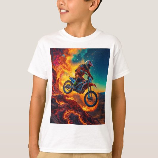 T-shirt Cavalier de motocross échappant aux flammes (Devant)