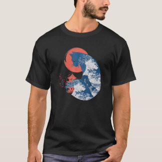 T-shirt Célèbre Grande Vague Kanagawa Ukiyoe Neko Kaiju Wh