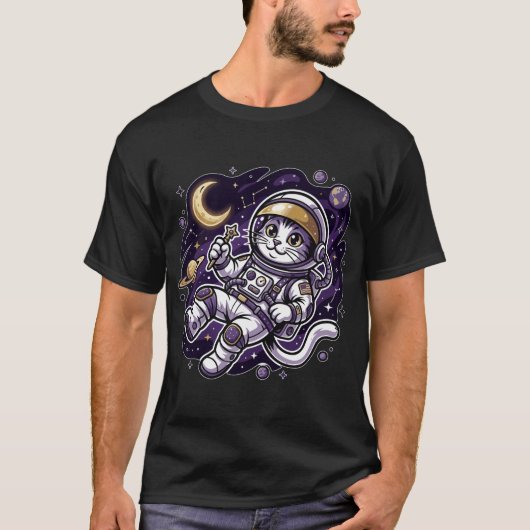 T-shirt Celestial Voyager: Purple Astronaut Cat Space Masc (Devant)