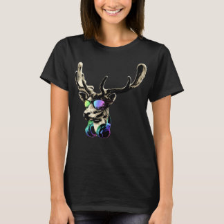 T-shirt Cerf Avec Lunettes De Soleil Et Casques Musique Ét