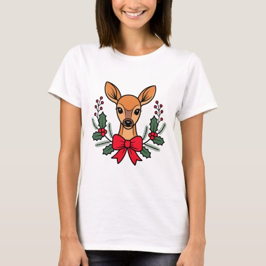 T-shirt Cerf de Noël avec Couronne de houx au ruban rouge  (Devant)