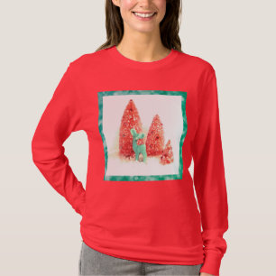 T-shirt Cerf de Noël rétro avec cadre Aqua en rouge