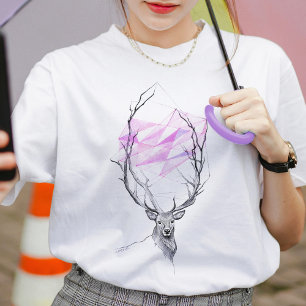 T-shirt Cerf et coeur géométrique rose Élégant Art animal
