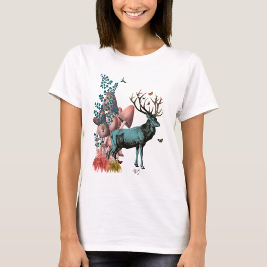 T-shirt Cerf Turquoise en Forêt de Champignons (Devant)