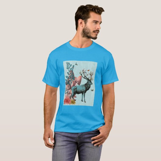 T-shirt Cerf Turquoise en Forêt de Champignons 2 (Devant entier)