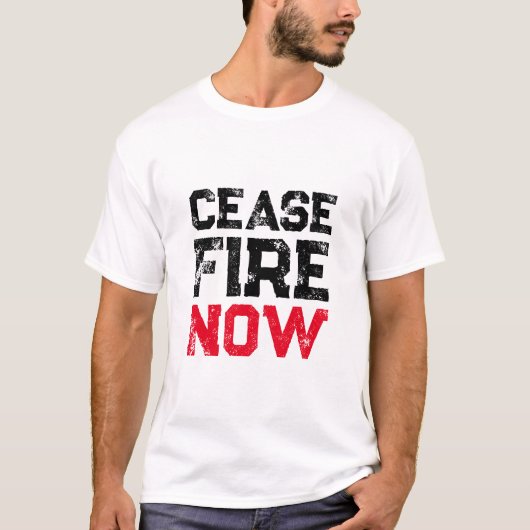 T-shirt Cessez le feu maintenant noir rouge blanc en détre (Devant)