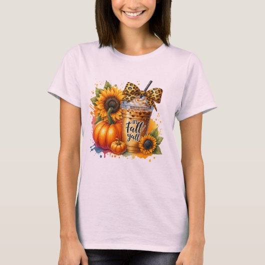 T-shirt C'est Fall Y'all - Café Leopard Bow avec Citrouill (Devant)