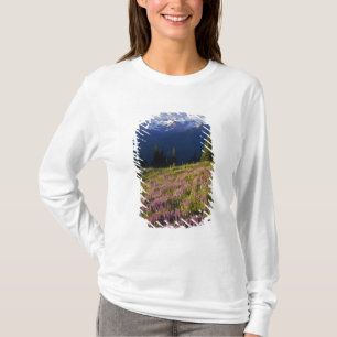T-shirt Champ de lupin, mont Olympe et nuages à