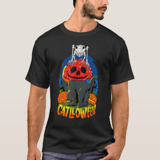T-shirt Champignon Crâne de Chat Noir Catlloween Halloween