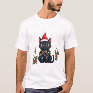 T-shirt Chapeau de Noël de Santa Chat Noir Drôle T-Sh Meow