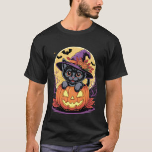 T-shirt Chapeau de sorcière de chat noir Citrouille drôle 