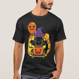 T-shirt Chapeau de sorcière de chat noir Halloween mignon 