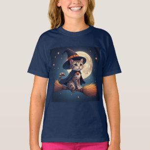 T-shirt Charmante chatte sorcière et scène de lune d'Hallo