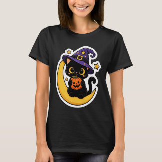 T-shirt Charmante sorcière chat noir Lune Citrouille | Kaw