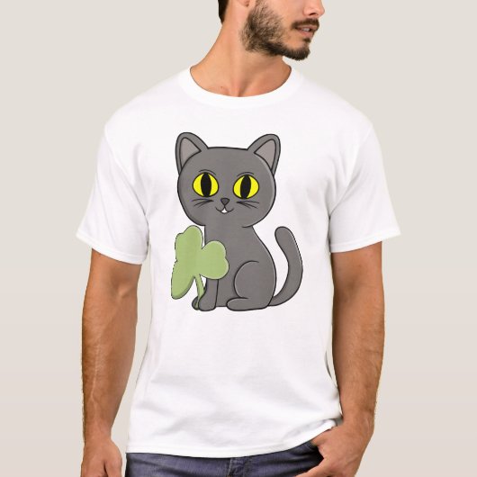 T-shirt Charme Trèfle Shamrock Chat Gris (Devant)