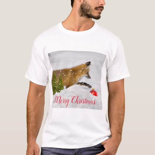 T-shirt Chasse Renard Rouge Ornement de Noël en Neige (Devant)