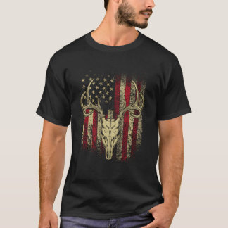 T-shirt Chasseurs De Cerfs Crâne De Cerf Sur Drapeau Améri
