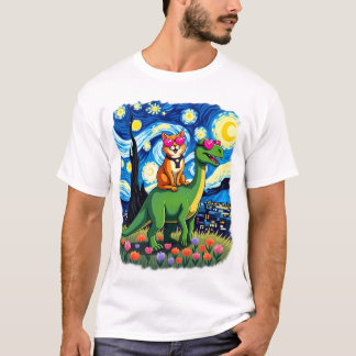 T-shirt Chat à cheval sur un dinosaure T-Rex Nuit étoilée