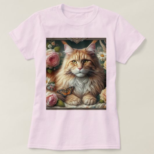T-shirt Chat à coon victorien orange Maine avec roses rose (Design devant)