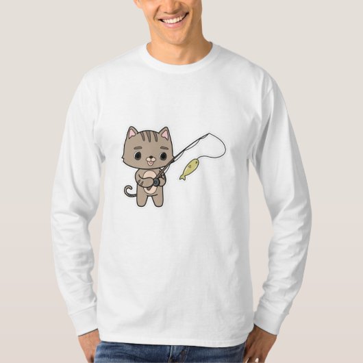 T-shirt Chat à la pêche avec bâton de pêche (Devant)