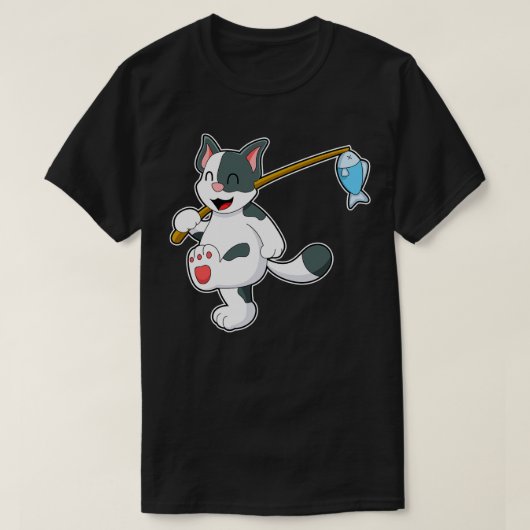 T-shirt Chat à pêche avec bâton de pêche 1 (Design devant)