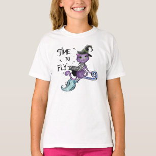 T-shirt Chat à sorcière volante mignonne Temps de vol