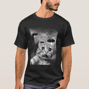 T-shirt Chat amusant Selfie avec OVNI retro chat T Chemise