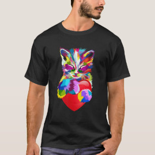 T-shirt Chat Arc-en-Ciel Coloré Souriant Et Tenant Un Cœur