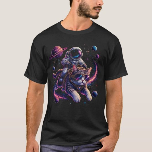 T-shirt Chat astronaute chevauchant à travers l'espace (Devant)
