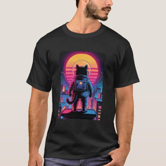 T-shirt Chat Astronaute Cité Coucher de Soleil Rétro Synth (Devant)
